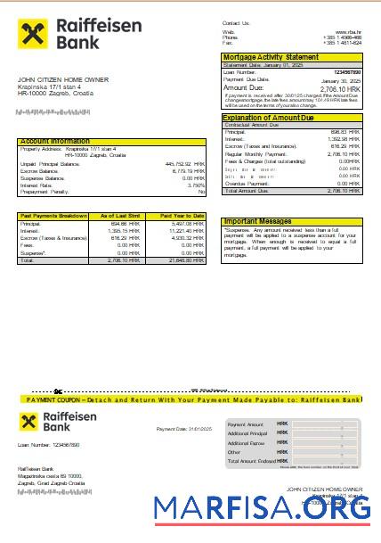 Downloadable Croatia Raiffeisen Bank mortgage statement scr real example